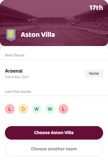 Last Man Standing team card: Aston Villa, 17th, next fixture Arsenal at home, last five results L D W W L