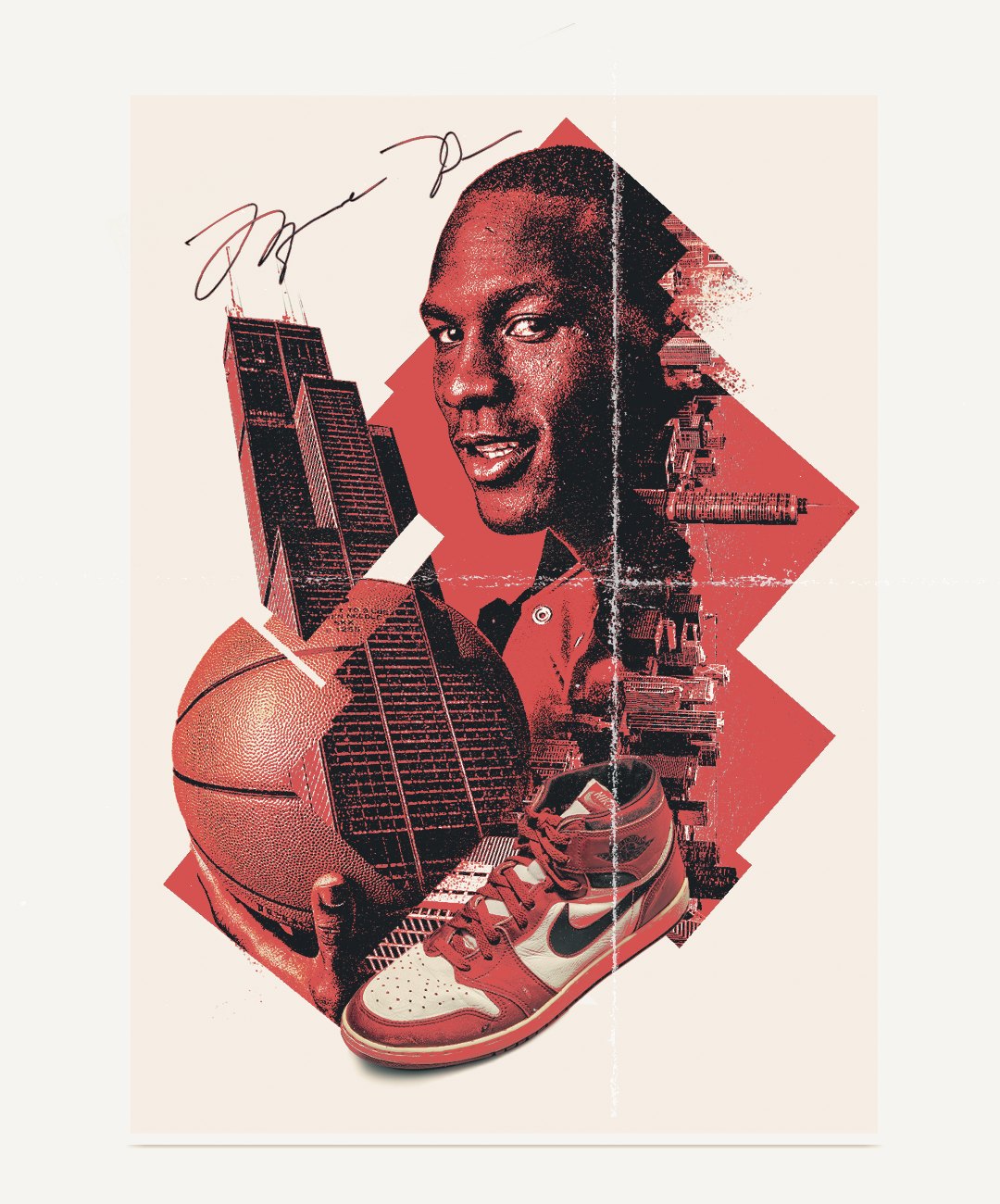 Michael Jordan tribute poster with Chicago skyline, basketball and Air Jordan 1