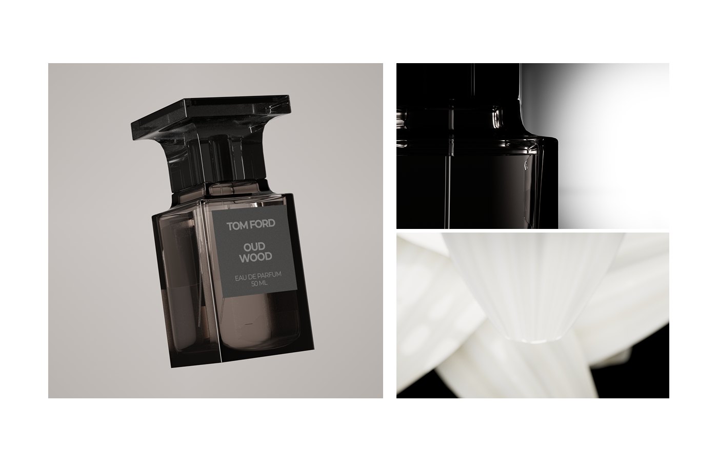 Rendered Oud Wood bottle floating, with close-up details of glass and petals
