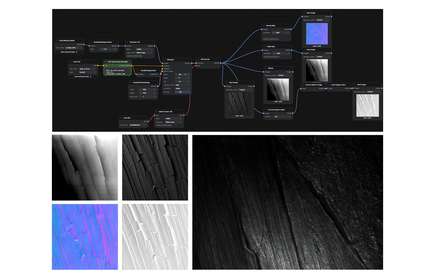 ComfyUI node workflow generating seamless wood textures with depth and normal maps