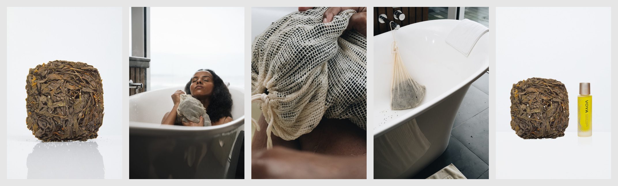 Source board of VOYA product photography: seaweed cube, bathing, mesh bag and bundle