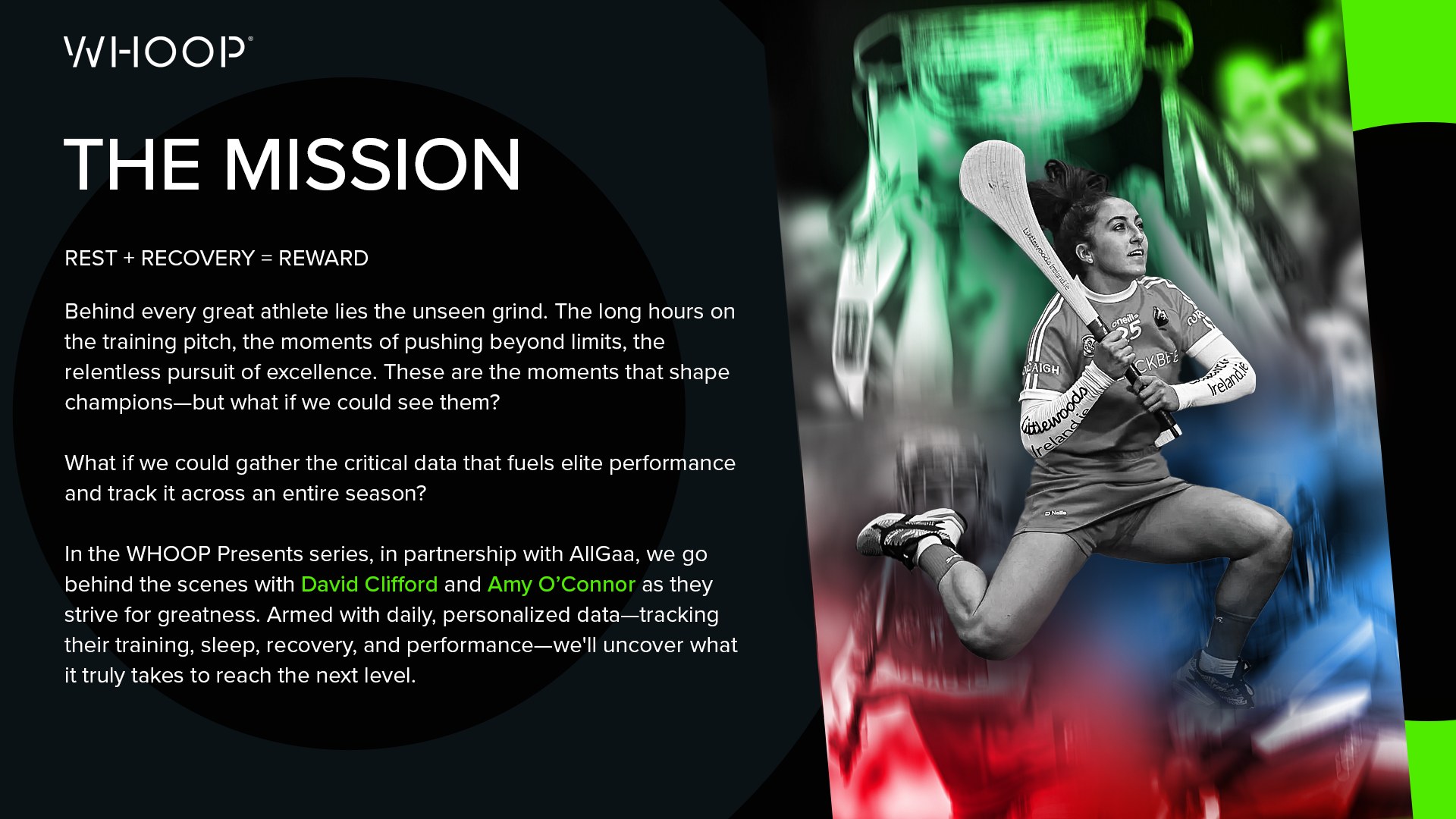 The Mission: series overview slide for WHOOP Presents, with Amy O’Connor