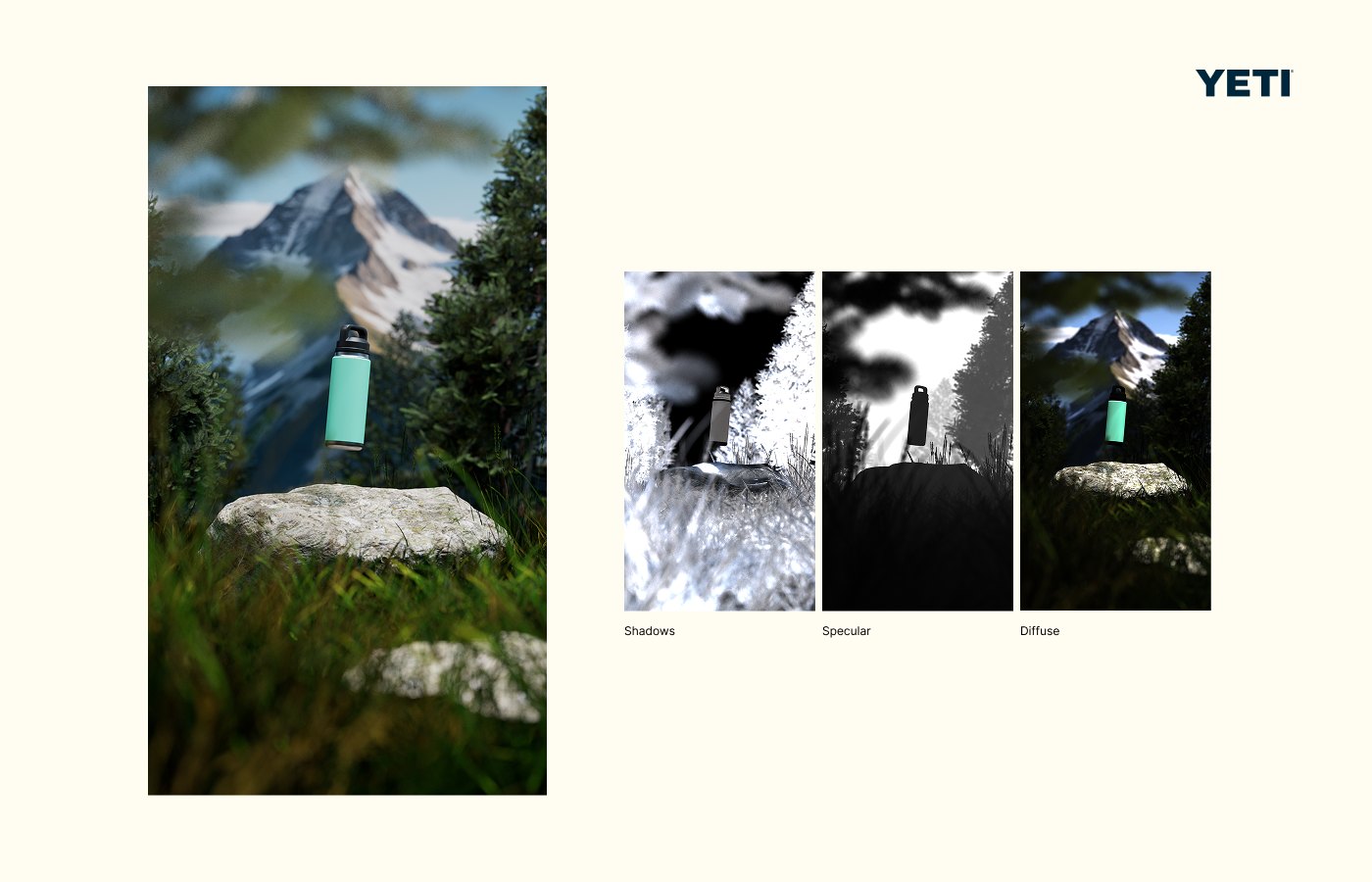 Mountain scene render with shadows, specular and diffuse passes